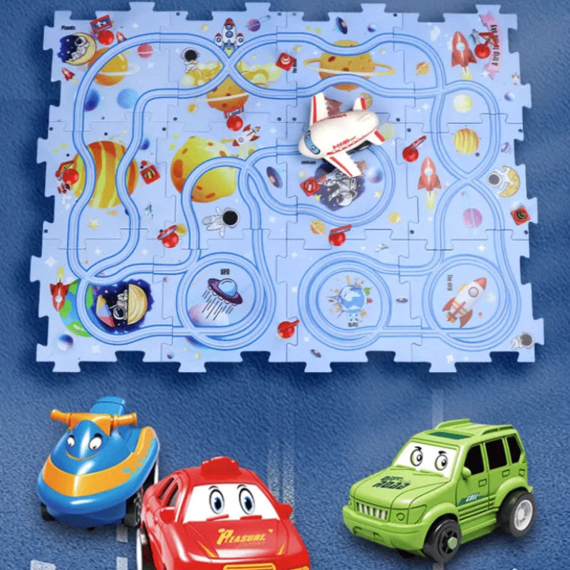 Educational circuit puzzle with electric vehicles 