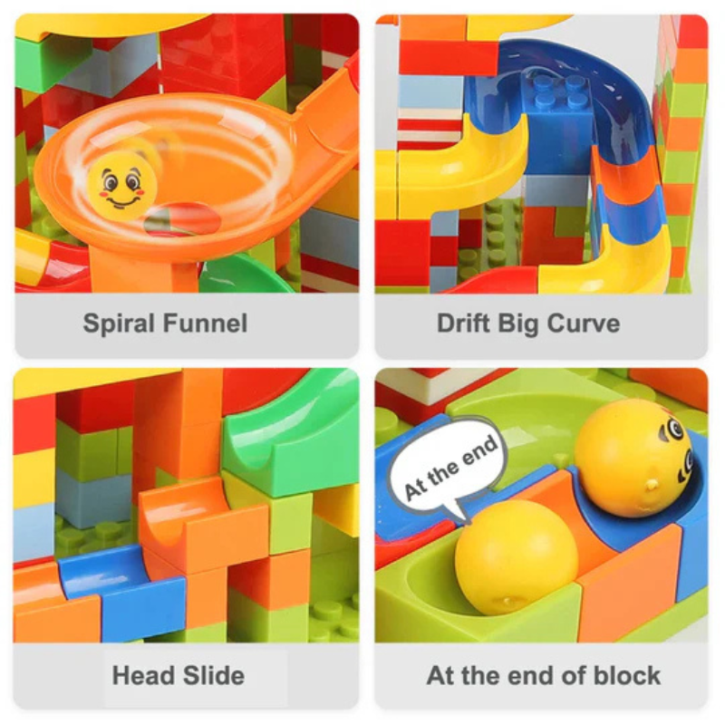 Construction toy with modular marble run circuit 