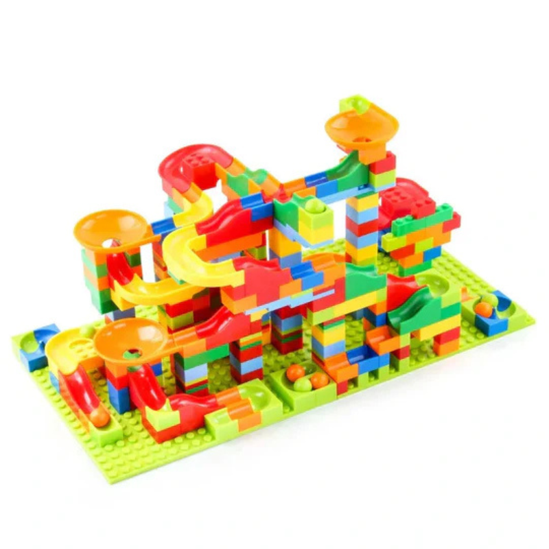 Construction toy with modular marble run circuit 