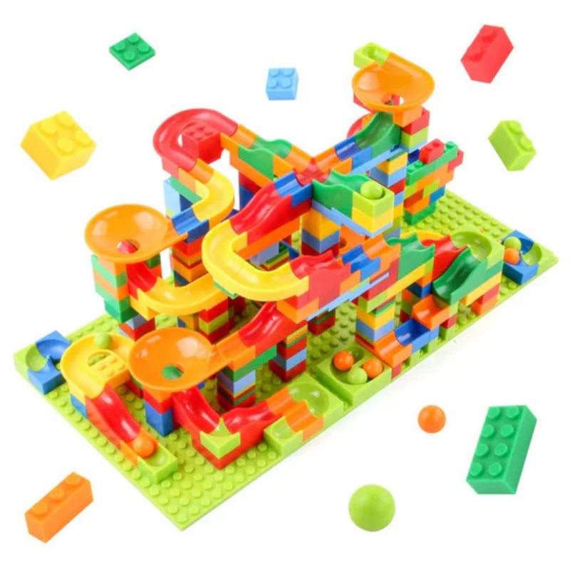Construction toy with modular marble run circuit 